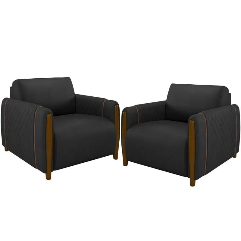 Kit 02 Poltronas Para Sala De Estar Pés De Madeira Fixa Flora M03 Couríssimo Preto - Lyam Decor