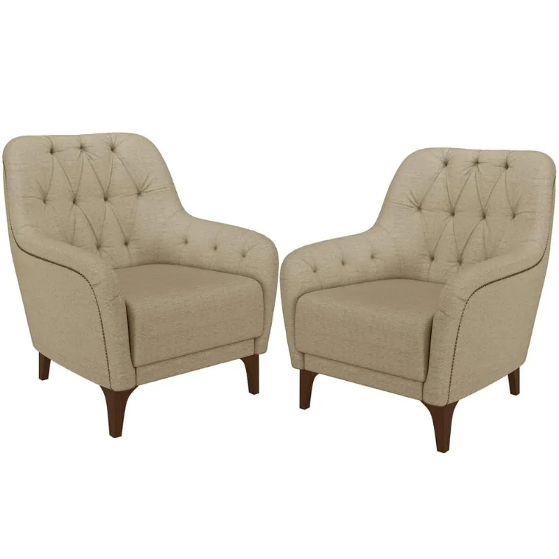Kit 02 Poltronas Sala De Estar Com Tachas Base Fixa Blenda M03 Linho Bege Escuro - Lyam Decor