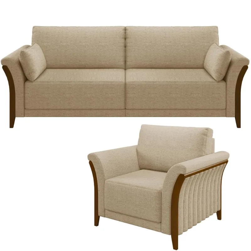 Kit Sofá 02 Lugares 162cm Com Poltrona Stefan Pés De Madeira M03 Linho Bege Escuro - Lyam Decor - Lyam Decor
