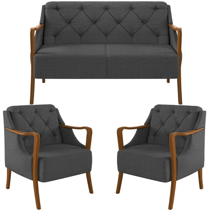Kit Sofá 02 Lugares Sala Estar 135cm Com 02 Poltronas Coral Pés Madeira M03 Linho Chumbo - Lyam Decor - Lyam Decor
