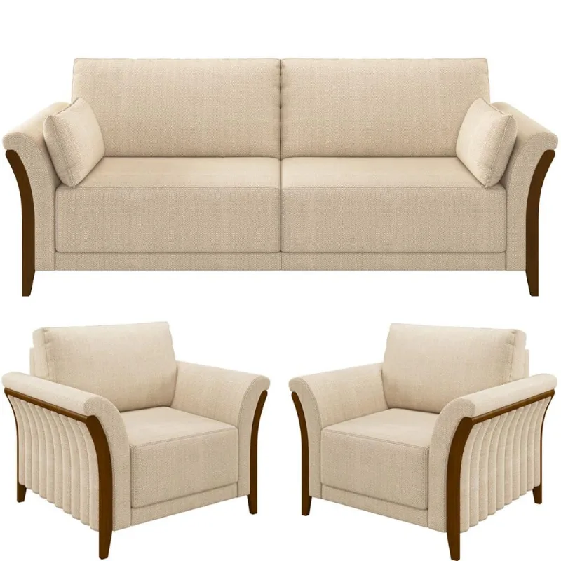 Kit Sofá 02 Lugares Sala Estar 162cm Com 02 Poltronas Stefan Pés Madeira M03 Linho Bege - Lyam Decor - Lyam Decor