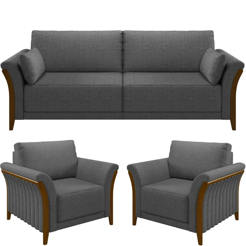 Kit Sofá 02 Lugares Sala Estar 162cm Com 02 Poltronas Stefan Pés Madeira M03 Linho Chumbo - Lyam Decor - Lyam Decor
