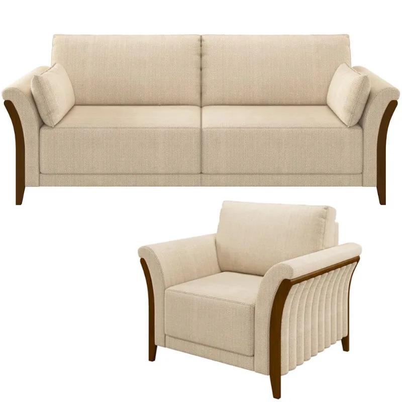 Kit Sofá 02 Lugares Sala Estar 162cm Com Poltrona Stefan Pés De Madeira M03 Linho Bege - Lyam Decor - Lyam Decor