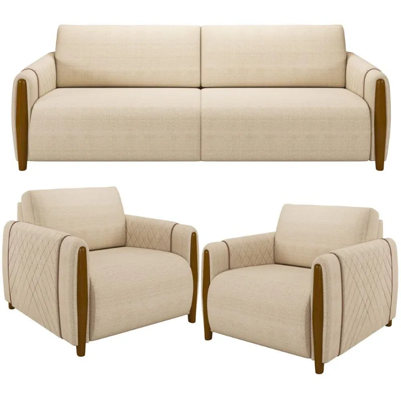 Kit Sofá 02 Lugares Sala Estar 168cm Com 02 Poltronas Flora Pés Madeira M03 Linho Bege - Lyam Decor - Lyam Decor