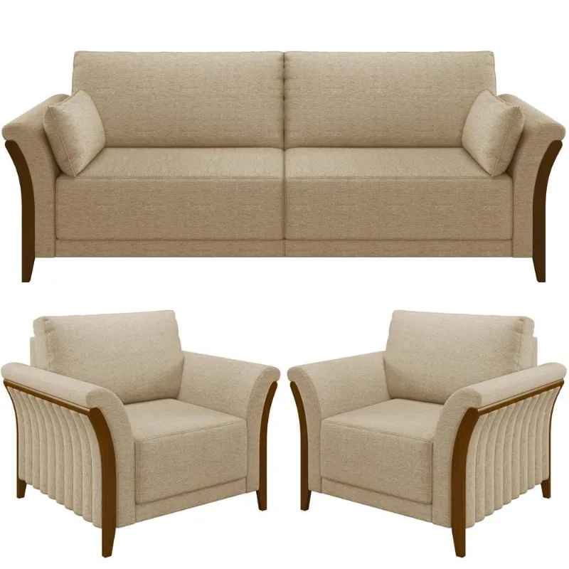 Kit Sofá 03 Lugares 222cm Com 02 Poltronas Stefan Pés Madeira M03 Linho Bege Escuro - Lyam Decor - Lyam Decor