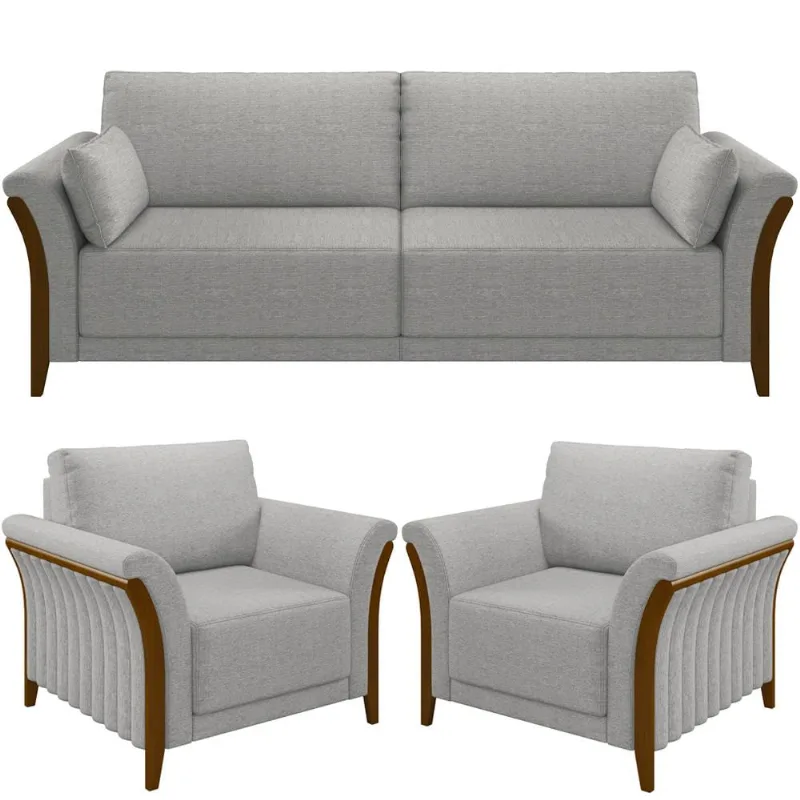 Kit Sofá 03 Lugares Sala Estar 222cm Com 02 Poltronas Stefan Pés Madeira M03 Linho Cinza - Lyam Decor - Lyam Decor