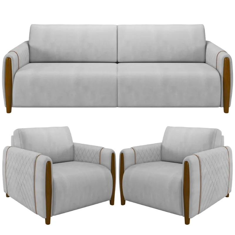 Kit Sofá 03 Lugares Sala Estar 223cm Com 02 Poltronas Flora Pés Madeira M03 Veludo Cinza - Lyam Decor - Lyam Decor