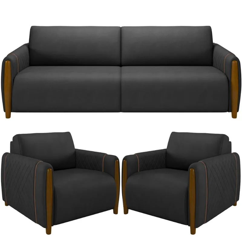 Kit Sofá 2 Lugares Sala Estar 168cm Com 02 Poltronas Flora Pés Madeira M03 Couríssimo Preto - Lyam Decor - Lyam Decor