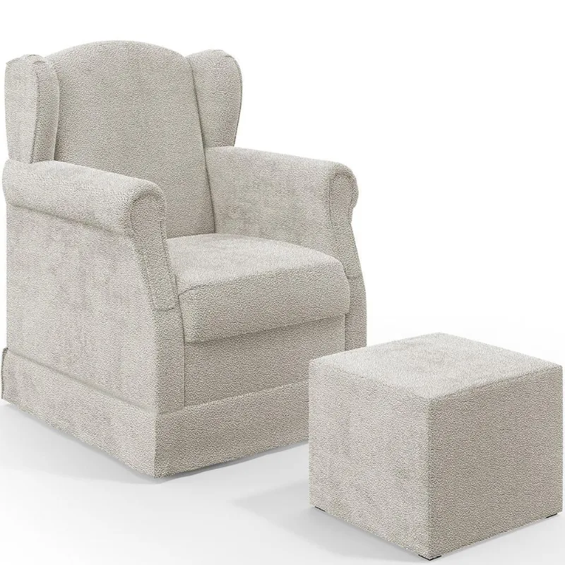 Poltrona De Amamentação Com Balanço E Puff Elisa P02 Bouclê Creme - Lyam Decor