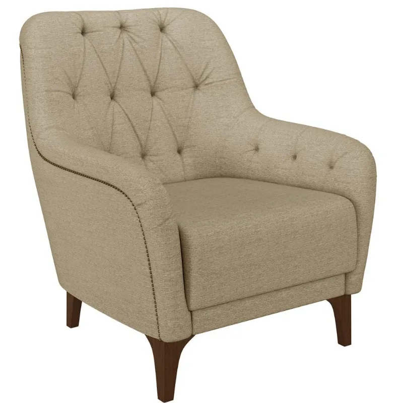 Poltrona Para Sala De Estar Decorativa Com Tachas Base Fixa Blenda M03 Linho Bege Escuro - Lyam Decor - Lyam Decor