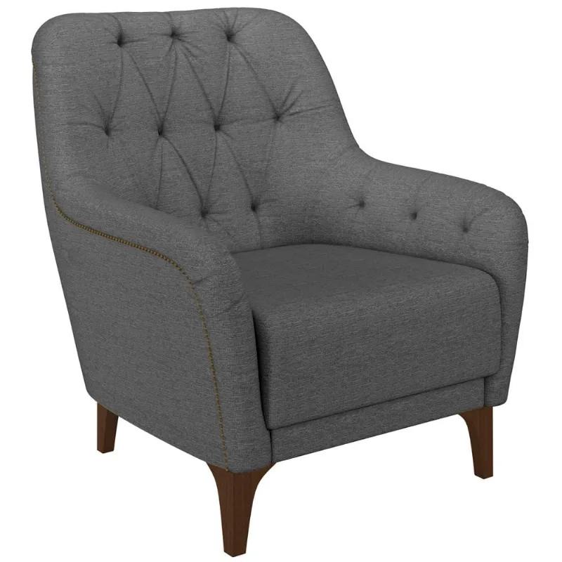 Poltrona Para Sala De Estar Decorativa Com Tachas Base Fixa Blenda M03 Linho Chumbo - Lyam Decor - Lyam Decor