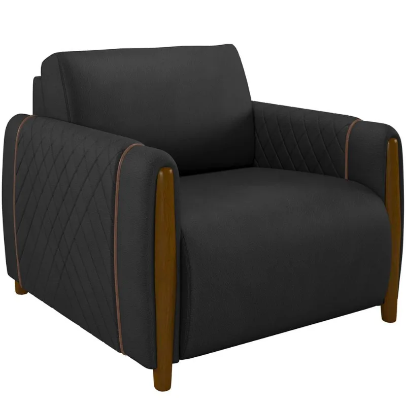 Poltrona Para Sala De Estar Decorativa Pés De Madeira Base Fixa Flora M03 Couríssimo Preto - Lyam Decor - Lyam Decor