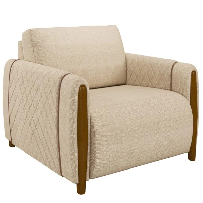 Poltrona Para Sala De Estar Decorativa Pés De Madeira Base Fixa Flora M03 Linho Bege - Lyam Decor - Lyam Decor
