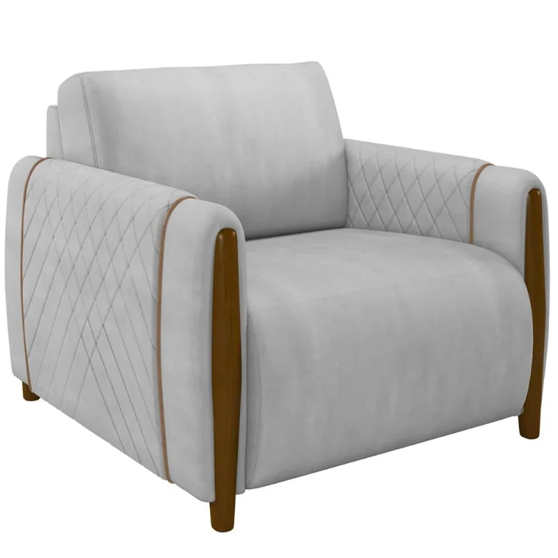 Poltrona Para Sala De Estar Decorativa Pés De Madeira Base Fixa Flora M03 Veludo Cinza - Lyam Decor - Lyam Decor