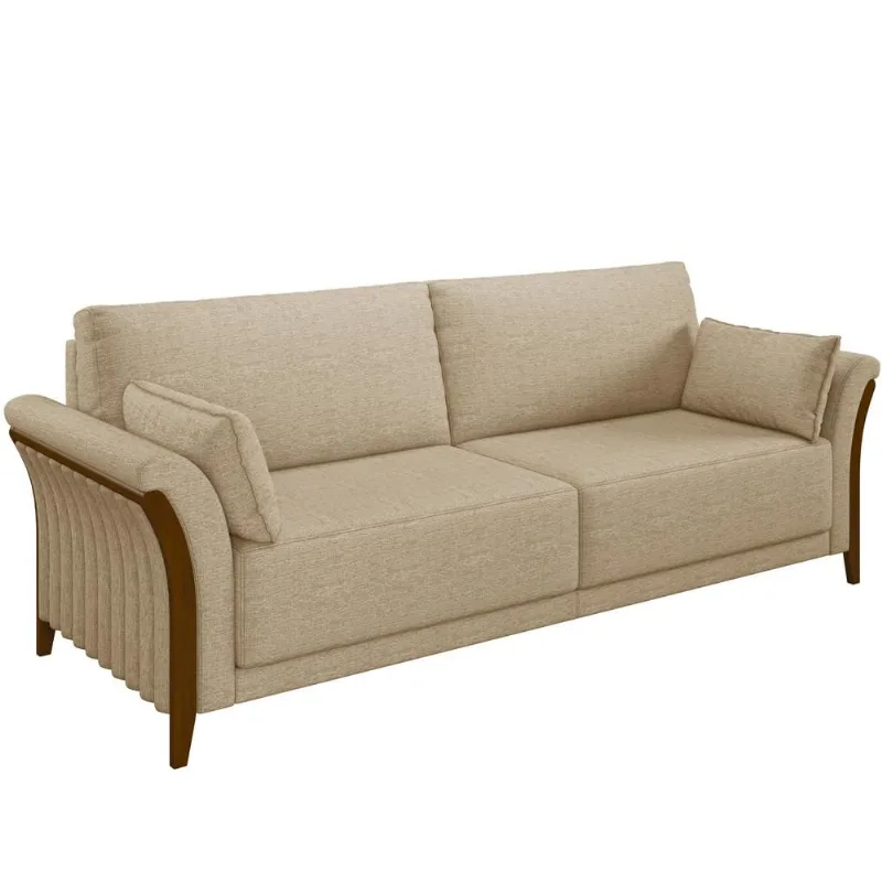 Sofá 03 Lugares Para Sala De Estar Pés Em Madeira 222 cm Stefan M03 Linho Bege Escuro - Lyam Decor - Lyam Decor
