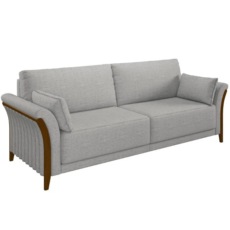 Sofá 03 Lugares Para Sala De Estar Pés Em Madeira 222 cm Stefan M03 Linho Cinza - Lyam Decor - Lyam Decor