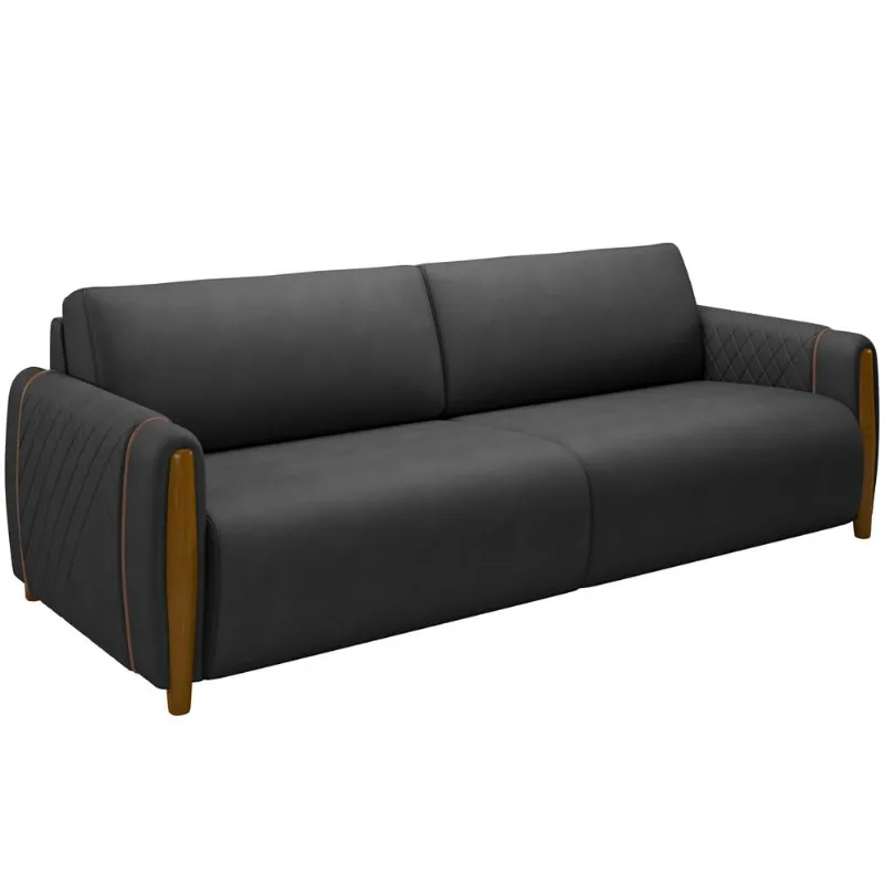 Sofá 03 Lugares Para Sala De Estar Pés Em Madeira 223 cm Flora M03 Couríssimo Preto - Lyam Decor - Lyam Decor