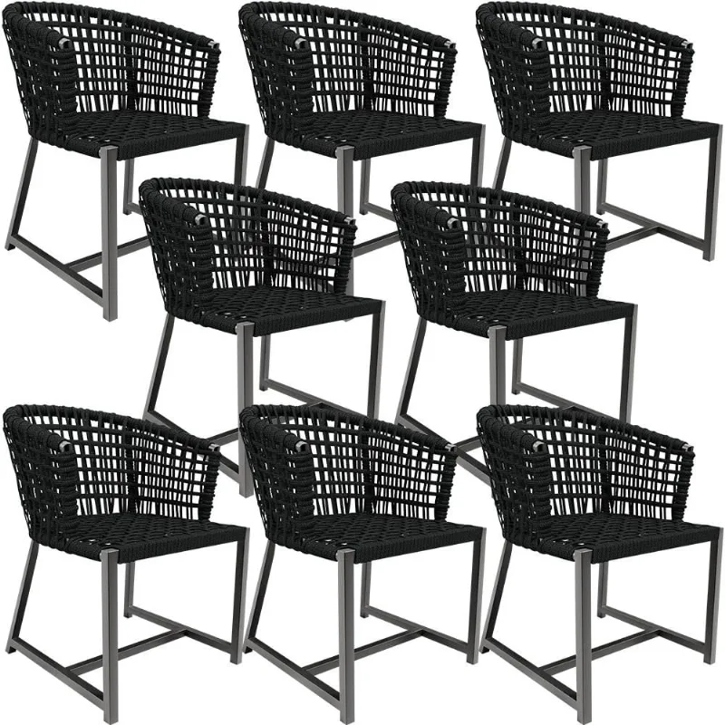 Kit 08 Cadeiras Decorativas Para Área Gourmet Cozinha Corda Náutica Belize D04 Preto - Lyam Decor - Lyam Decor
