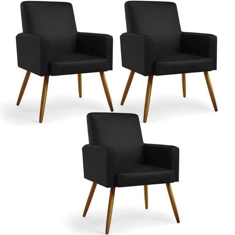 Kit 03 Poltronas Decorativa Para Sala De Estar Maria W01 Pés Palito Couríssimo Preto