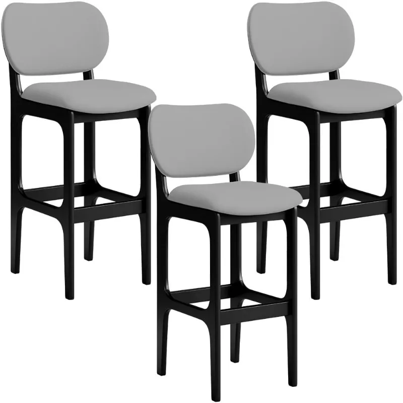 Kit 03 Banquetas Alta Para Cozinha Madeira Fixa Betta L02 Preto Facto Cinza - Lyam Decor - Lyam Decor