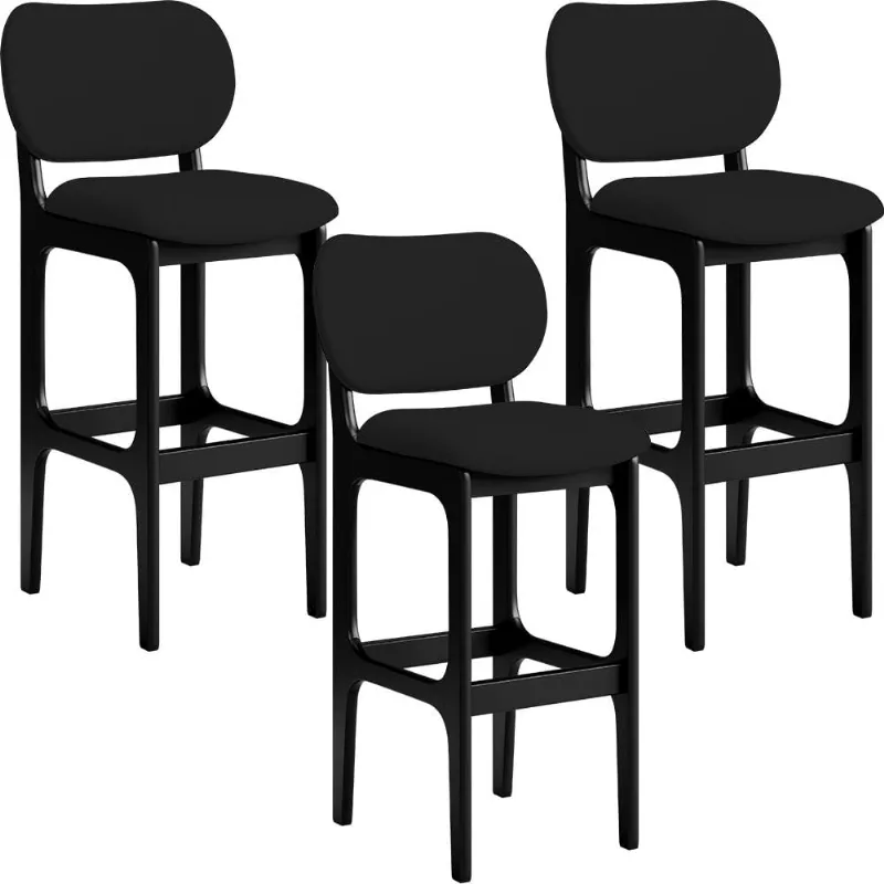 Kit 03 Banquetas Alta Para Cozinha Madeira Fixa Betta L02 Preto Facto Preto - Lyam Decor - Lyam Decor