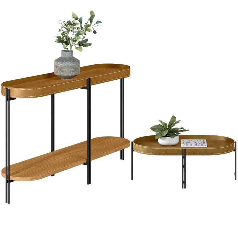 Kit Aparador Para Sala Estar Industrial com Mesa Centro Caramelo Nord L05 Nature Preto - Lyam Decor
