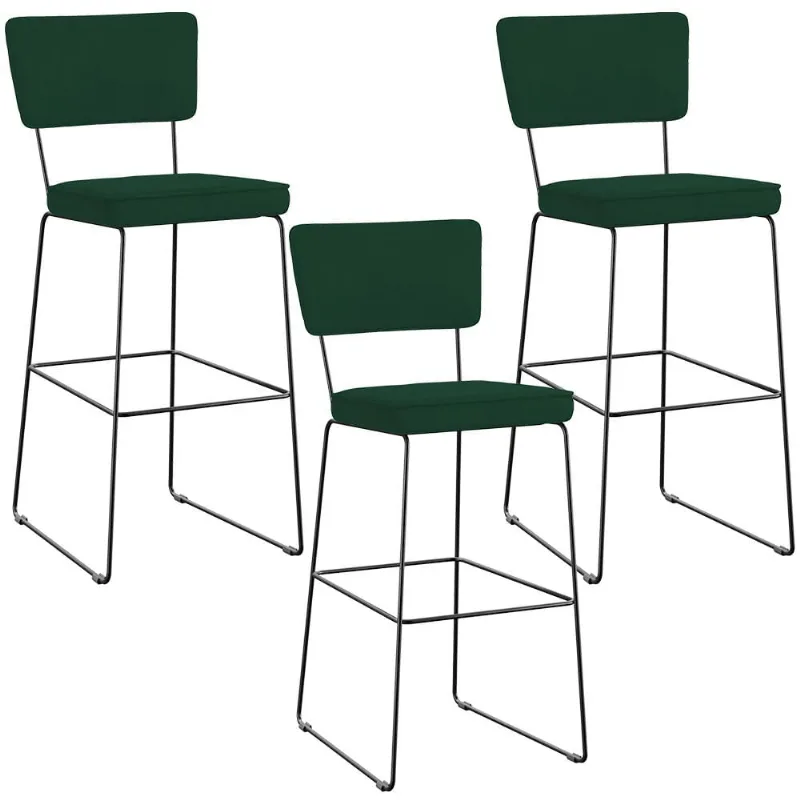Kit 03 Banquetas Para Cozinha Sala De Jantar Base Em Aço Allana L02 Suede Verde Musgo - Lyam Decor