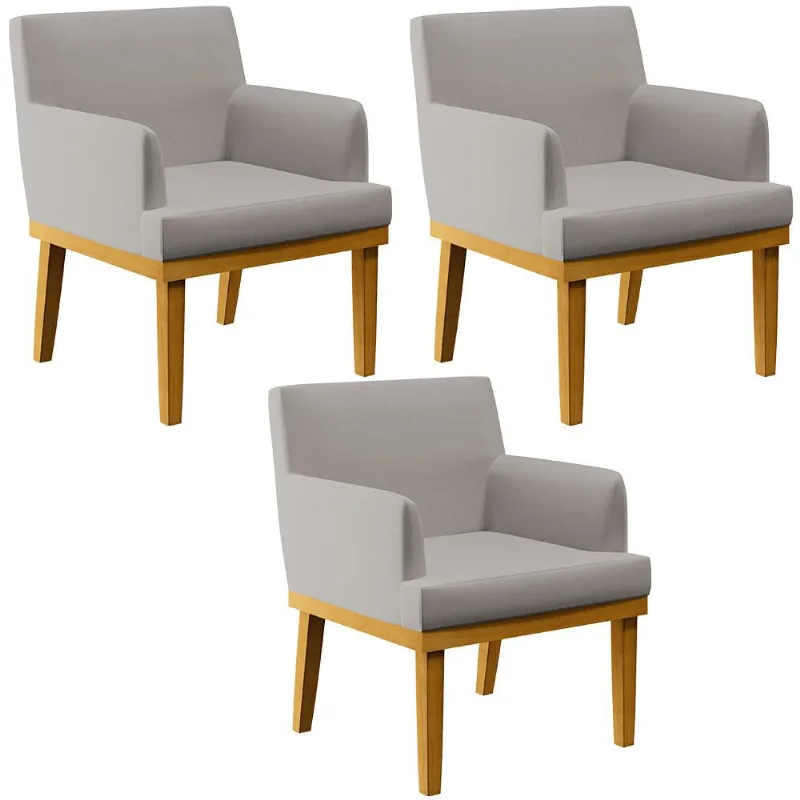 Kit 03 Poltronas Decorativas Sala De Estar Base Mel Beatriz W01 Linho Bege - Lyam Decor