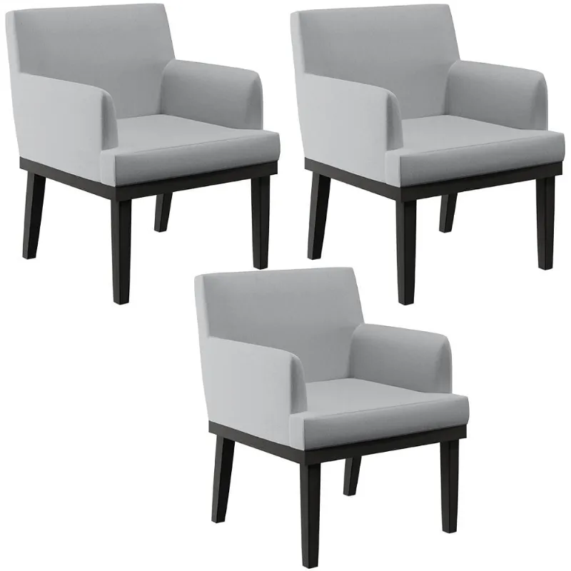 Kit 03 Poltronas Decorativas Sala de Estar Base Preto Beatriz W01 Linho Cinza - Lyam Decor