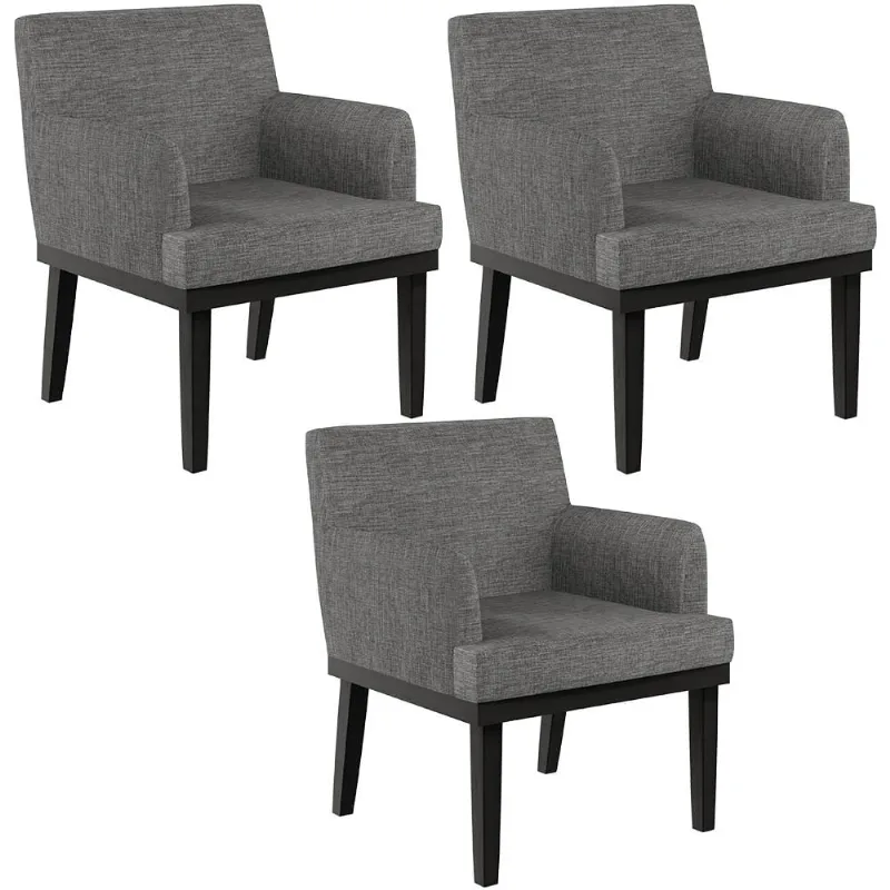 Kit 03 Poltronas Decorativas Sala de Estar Base Preto Beatriz W01 Linho Cinza Escuro - Lyam Decor