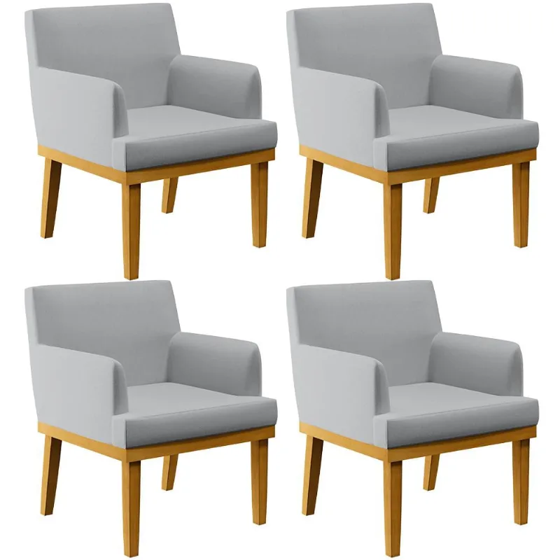 Kit 04 Poltronas Decorativas Para Sala De Estar Base Mel Beatriz W01 Linho Cinza - Lyam Decor