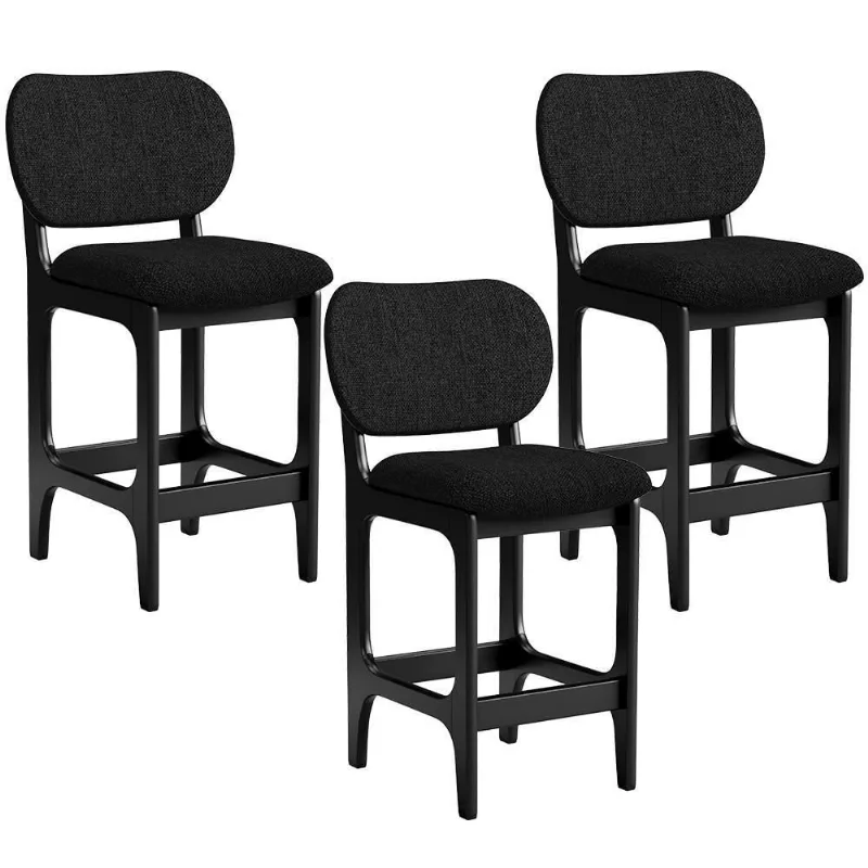 Kit 03 Banquetas Baixa Bar Cozinha E Sala De Jantar Fixa Betta L02 Preto Linho Chumbo - Lyam Decor