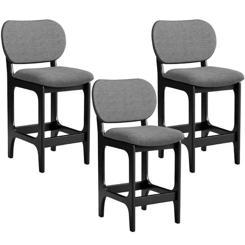 Kit 03 Banquetas Baixa Bar Cozinha E Sala De Jantar Fixa Betta L02 Preto Linho Cinza Escuro - Lyam Decor