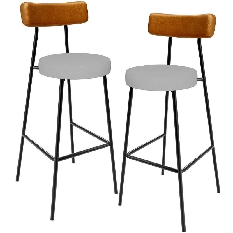 Kit 02 Banquetas Alta Bar Cozinha Sala Jantar Milão L02 Couríssimo Whisky Linho Cinza - Lyam Decor
