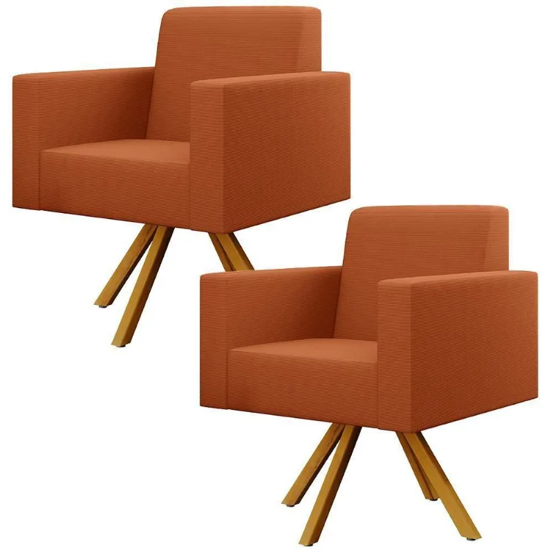 Kit 02 Poltronas Giratórias Sala De Estar Base De Madeira Helô L02 Tecido Terracota