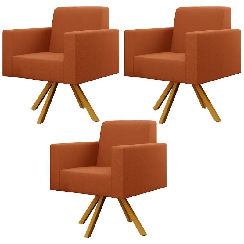 Kit 03 Poltronas Decorativa Base Giratória De Madeira Helô L02 Tecido Terracota
