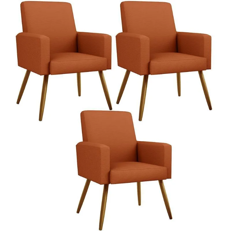 Kit 03 Poltronas Decorativa Para Sala De Estar Maria W01 Pés Palito Tecido Terracota