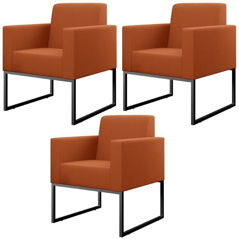 Kit 03 Poltronas Decorativas Sala Base Fixa Metal Helô L02 Tecido Terracota