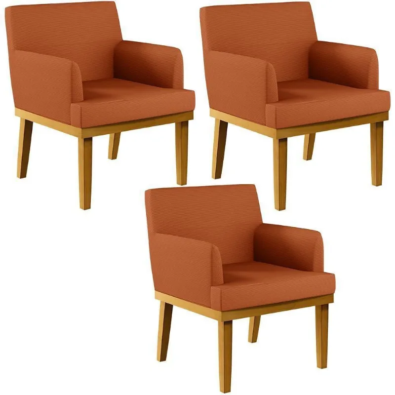 Kit 03 Poltronas Decorativas Sala De Estar Beatriz Base Mel W01 Tecido Terracota