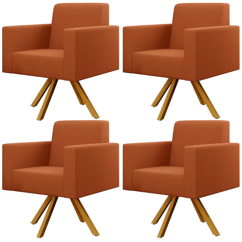 Kit 04 Poltronas Decorativa Base Giratória de Madeira Helô L02 Tecido Terracota - Lyam Decor