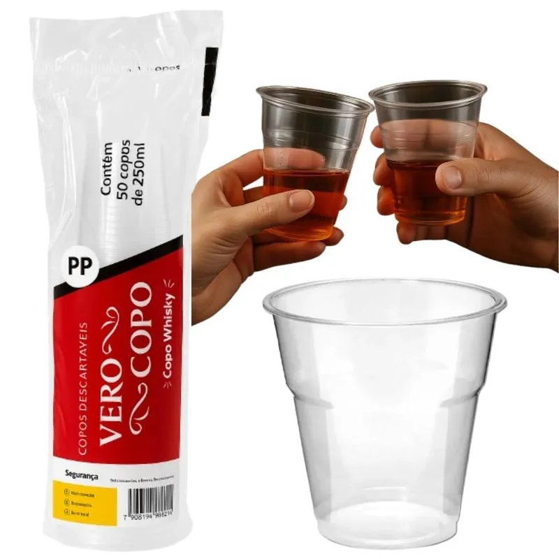 Copo Plástico Liso Cristal Para Bebida Whisky 250ml 50un.