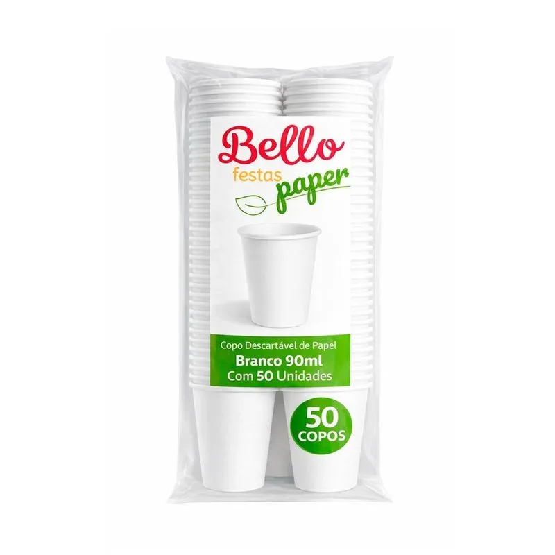 Copo Descartável Bello Festas Papel Branco 90ml com 50 Unidades
