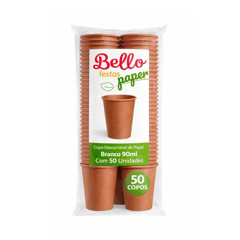Copo Descartável Bello Festas Papel Marrom 90ml com 50 Unidades