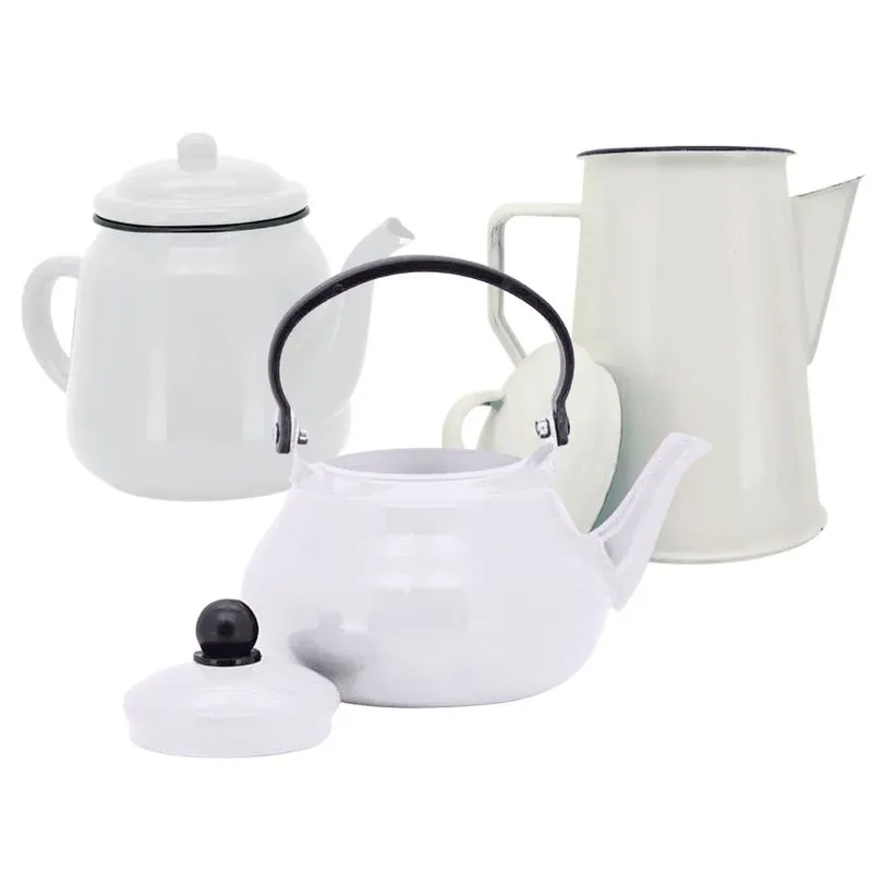 Kit Chaleira Leiteira e Bule Esmaltados Rusticos Branco Yazi