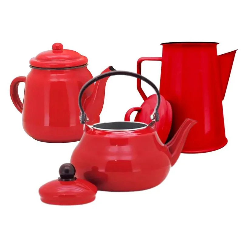 Kit Chaleira Leiteira Bule Esmaltados Rústicos Vermelho Yazi