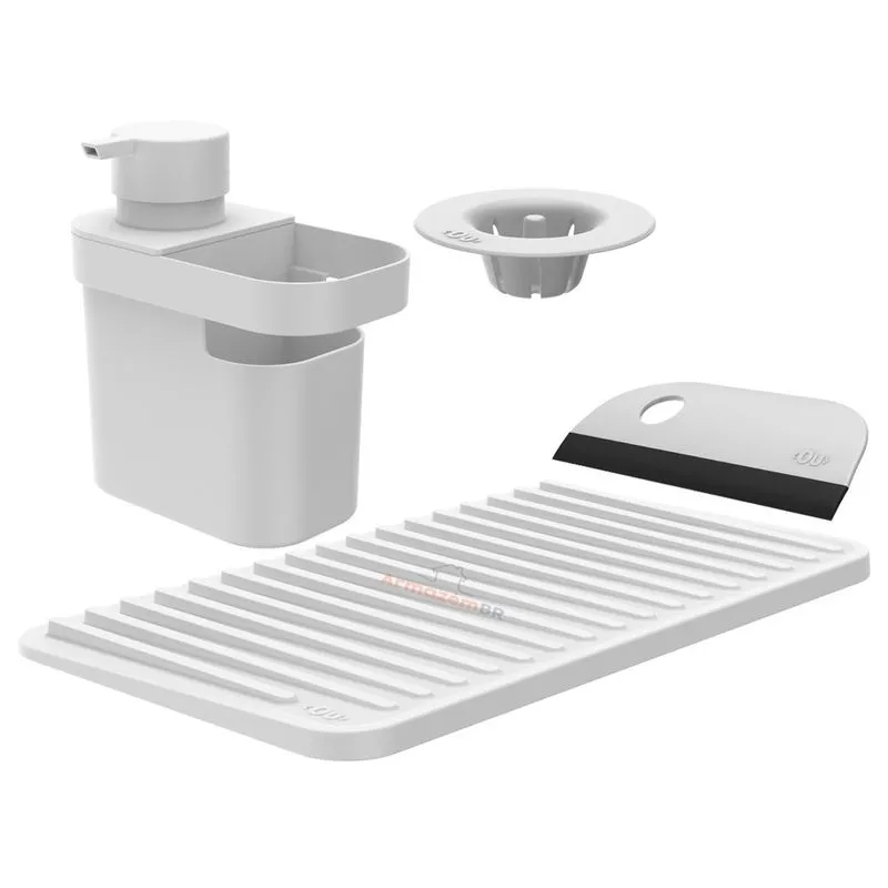 Kit Dispenser Detergente Escorredor Filtro Ralo Rodo Pia Cozinha Branco - Kte 055 Ou