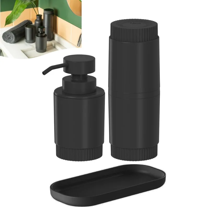Kit Dispenser Porta Sabonete Líquido Suporte Escova Creme Dental Bandeja Pia Banheiro Preto Dórica - kte 130 Ou