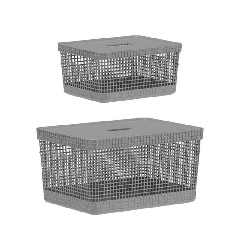 Kit De Cesto Organizador Grid Chumbo Com Tampa 02 Peças