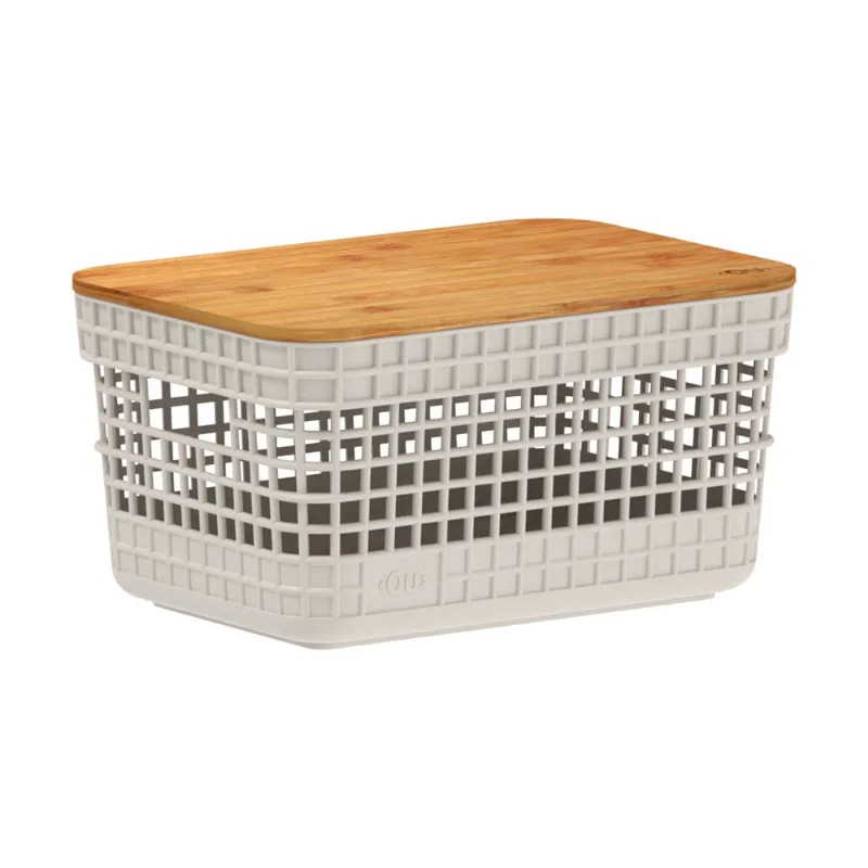 Cesta grid con tapa de bambú 2.5 lts beige 20.5x14.5 cm