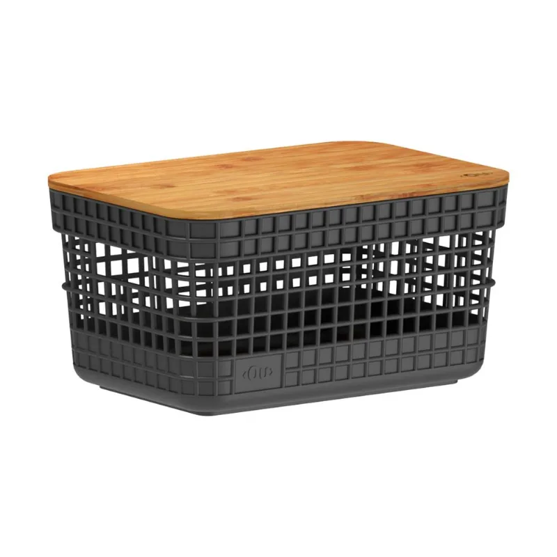 Cesta grid con tapa de bambú 2.5 lts negro 20.5x14.5 cm